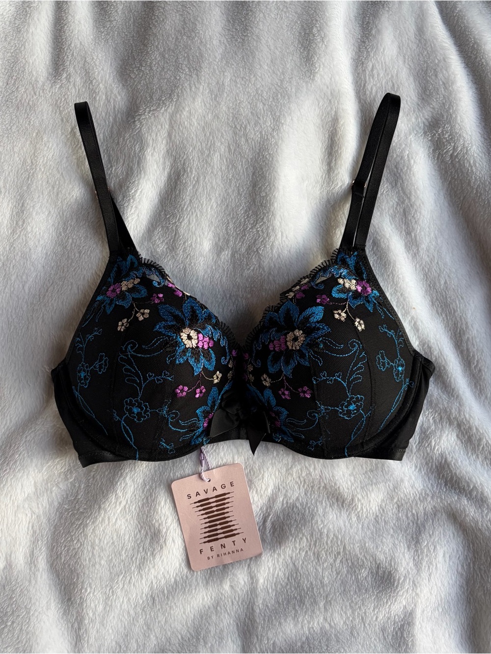 Savage X Fenty | BNWT Wallflower Embroidered Padded Push-Up Bra 32D Black Caviar
